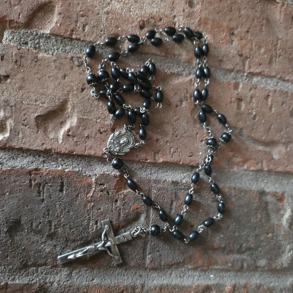 Antique | Creed Sterling Silver | Cross Jesus & Mary Black Onyx Rosary.